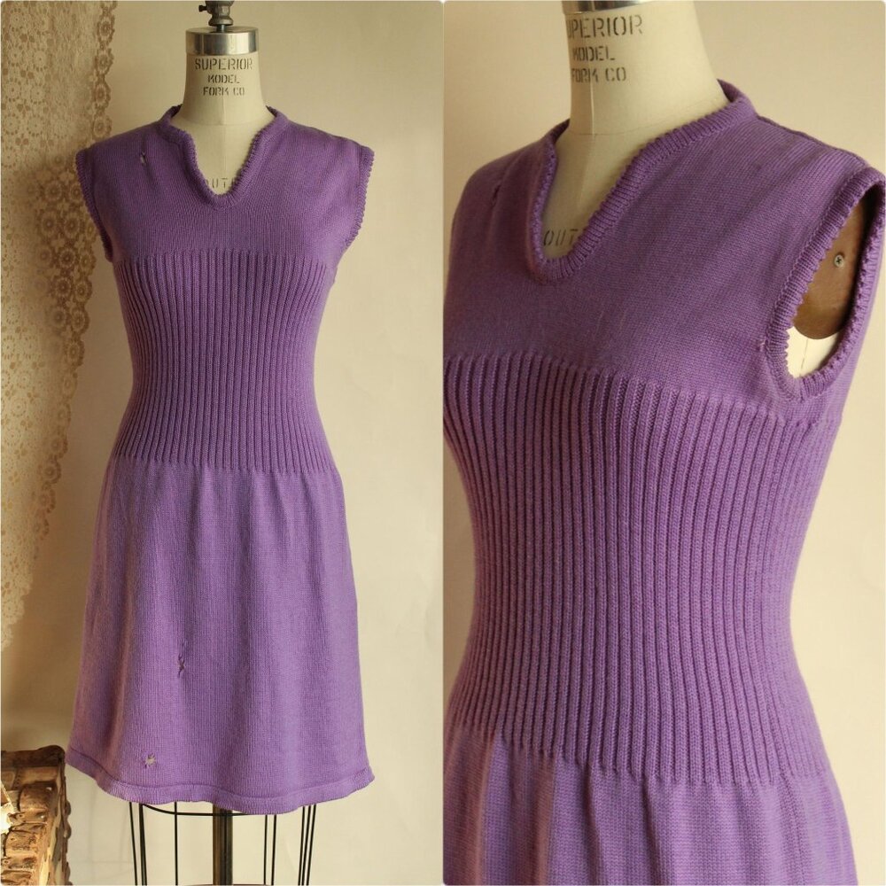 Vintage 1960s Dress, Purple Ribbed Waist Wool Knit Sweater Minidress, Sleeveless